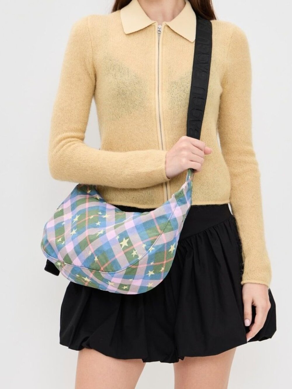NWT Baggu Medium Crescent Bag - Green Star Plaid - Picture 5 of 8